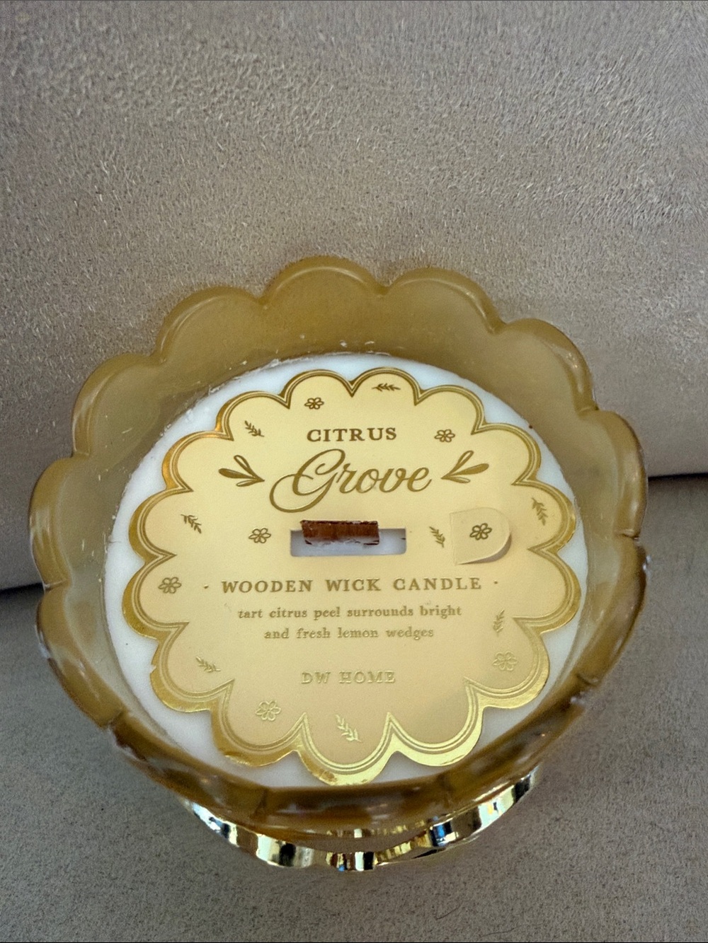 DW Home Yellow Scalloped Glass Wooden Wick Candle with a gold bow
